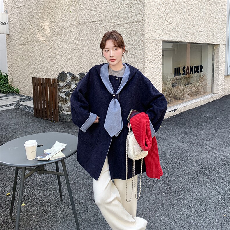 藏青色学院风撞色拼接双面呢羊毛外套女秋冬2025新款设计减龄大衣,女装毛呢外套,2C015
