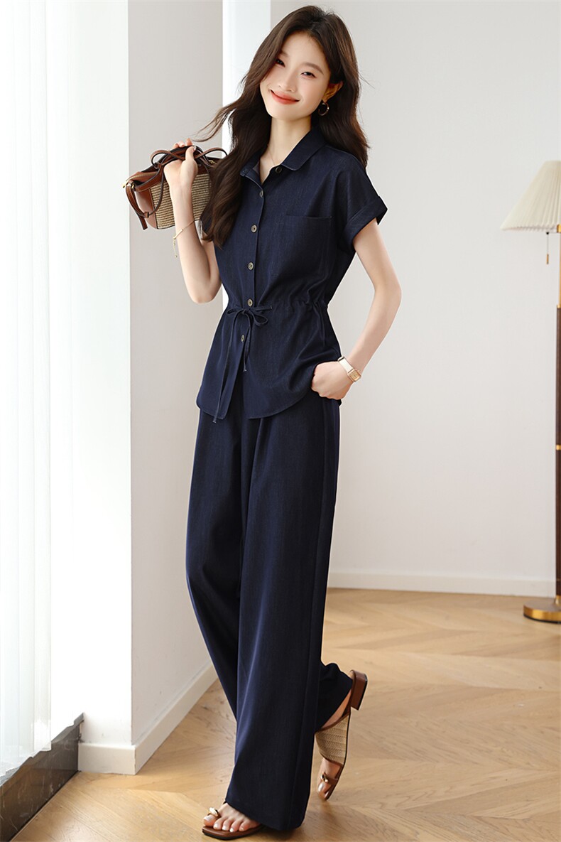 夏季薄款牛仔套装裤女2025新款休闲气质短袖收腰衬衫阔腿裤两件套,女装套装/套裙,婷思杰（原婷想服饰）