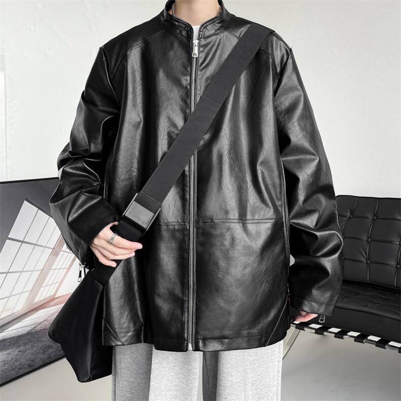秋季皮衣男立领男士夹克潮纯色青年外套休闲A266-PY005-P65，男装皮衣，电商A266