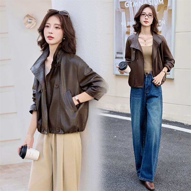 复古咖色翻领皮衣外套女2025秋季新款小个子短款气质休闲夹克上衣,女装皮衣,自然秀