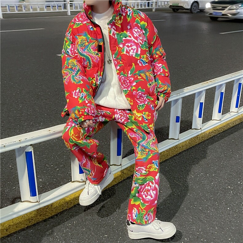 H203情侣东北大花风民族风特色牡丹大花棉袄加绒裤套装男女,男装棉衣,星座115A(原星座507）