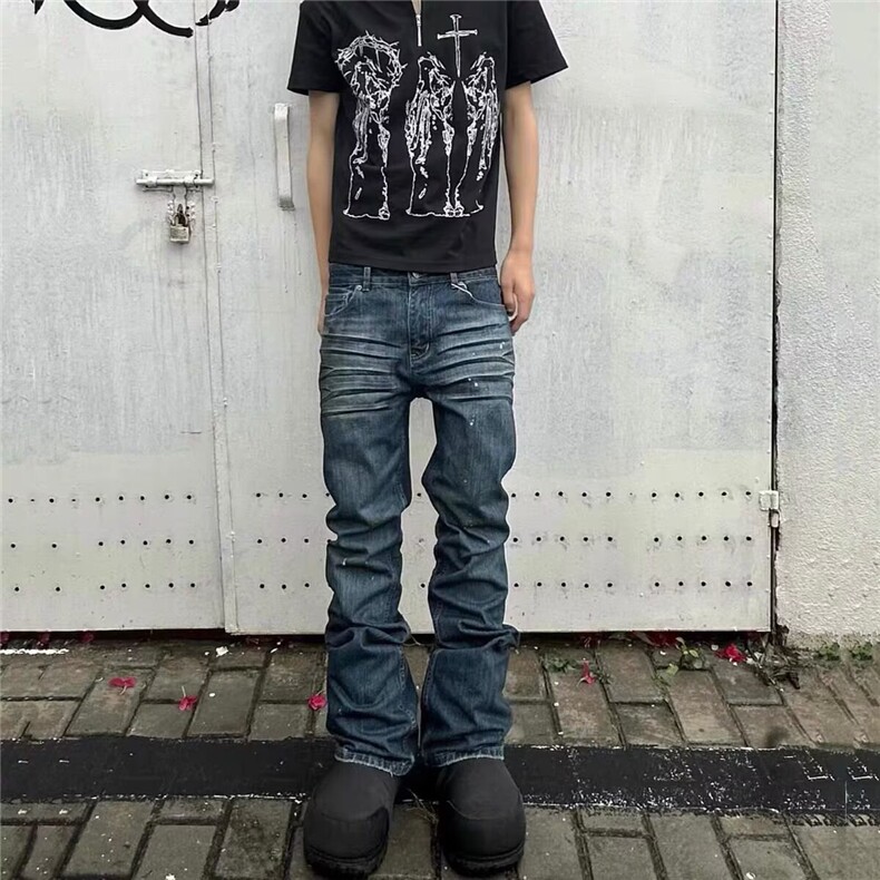 美式复古潮牌做旧涂层微喇牛仔裤男女小众嘻哈炸街情侣秋季,男装牛仔裤,四季星座505