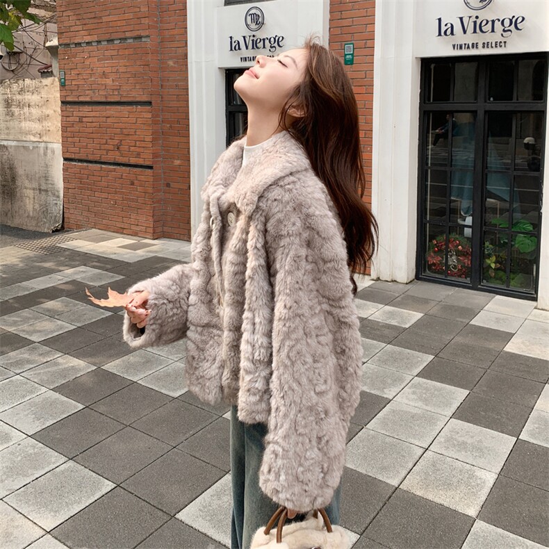 浅灰色秋冬皮毛一体外套女仿水貂绒休闲上衣2C353--715#P190K278,女装短外套,2C353