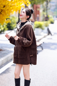 仿羊羔毛绒皮毛一体外套宽松显瘦棉衣女2025冬新刺绣连帽加厚上衣潮图片