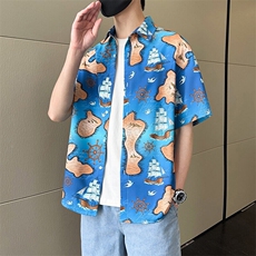 2025夏季潮流满印冰丝花衬衫男短袖痞帅高级感沙滩Q5513-P30，男装T恤，星座610（原A335）