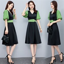 法式气质连衣裙女夏2022新款洋气减龄收腰显瘦拼接撞色中长款裙子，女装连衣裙，辉之琳