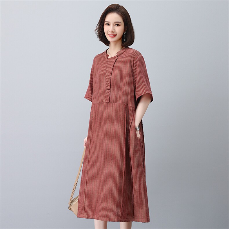 棉麻连衣裙夏季2025新款妈妈遮肚显瘦宽松a字裙亚麻裙子女中长款,女装连衣裙,叶笙衣