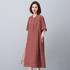 棉麻连衣裙夏季2025新款妈妈遮肚显瘦宽松a字裙亚麻裙子女中长款，女装连衣裙，叶笙衣