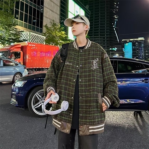 秋季chic格子刺绣棒球服外套男生春秋款情侣帅气休闲夹克JK68