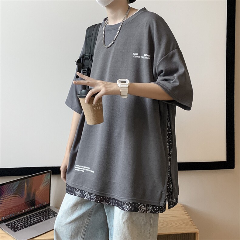 日系假两件短袖t恤2024夏季港风潮牌拼接格纹宽松七分袖上衣,男装T恤,星座1013