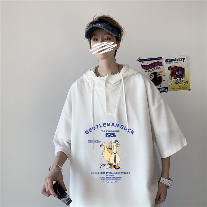 夏季港风冰丝宽松连帽短袖t恤五分体恤上衣TLM453-P40控58,男装T恤,电商B370