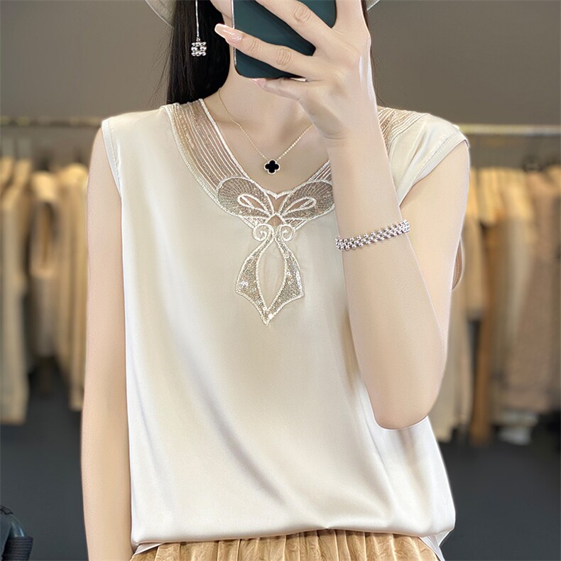 夏季新款V领醋酸真丝绸面吊带女蕾丝无袖背心宽松内搭百搭套头潮，女装背心吊带，朝贺羊绒