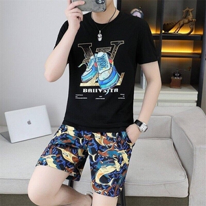 24343-P65夏季休闲T恤短裤男两件套欧货潮牌修身圆领短袖T恤套装图片