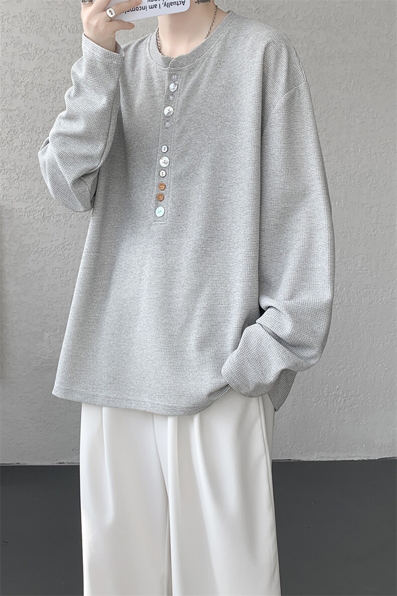 8XL-M慵懒肌理感华夫格廓形云母贝纽扣长袖T恤打底长袖CX3006P48,男装T恤,电商D206-1