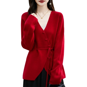 交叉V领100%羊毛开衫女长袖针织外套毛衣宽松羊绒衫系带外搭上衣图片