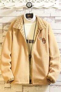 703-Y252 冬季高品质加厚羊羔毛外套格子毛呢双面穿小熊绣花图片