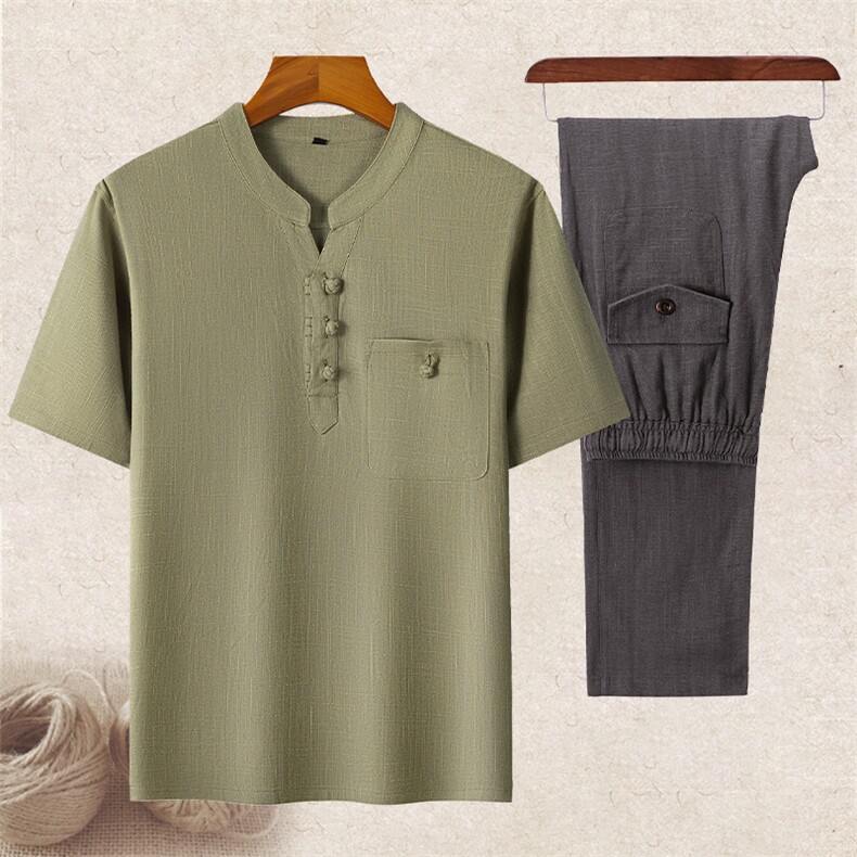 主推现货男士中老年风亚麻盘扣复古短袖T恤套装唐装棉麻半袖，男装休闲套装，钱塘723
