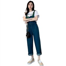 小个子桔梗背带裤女夏季洋气减龄直筒牛仔裤高腰可盐可甜阔腿裤子，女装牛仔裤，梦懿尔