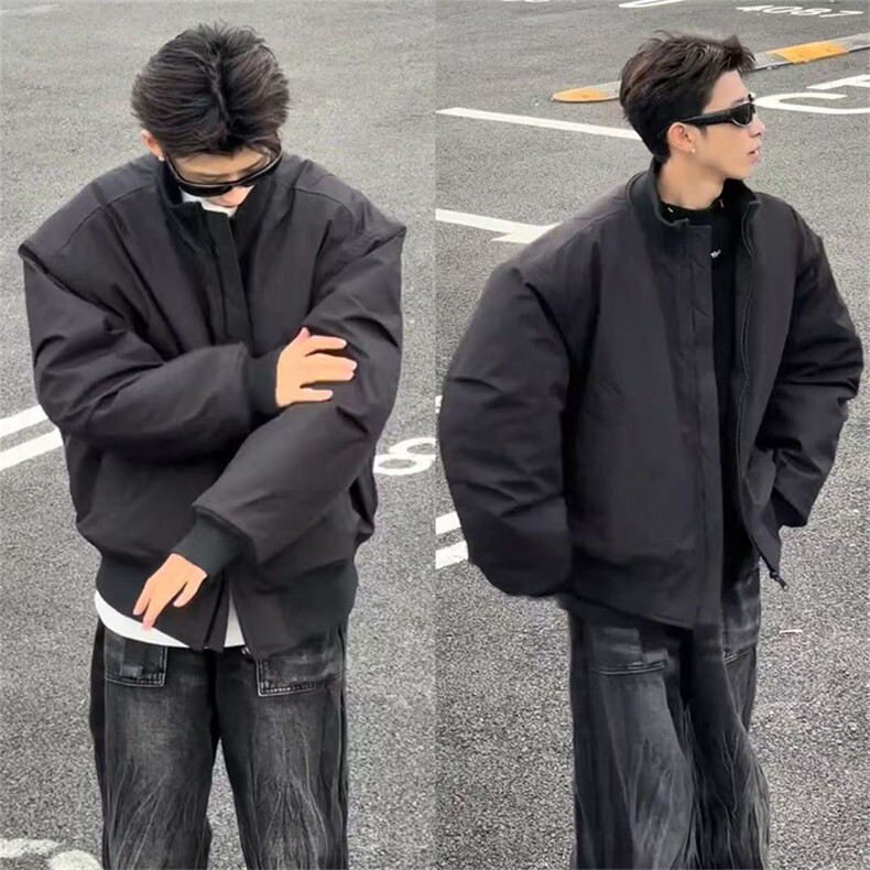 抖音得物美式潮休闲夹克春季立领纯色复古工装加厚棉服外套AMY02,男装夹克,电商A443