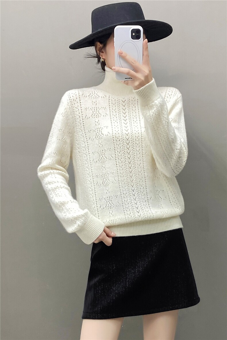 2025年秋季甜美长袖挑洞半高领,针织衫/毛衣,织绒羊