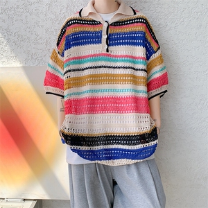 8XL-M 特大码美式复古条纹撞色针织POLO衫翻领休闲短袖TDX311P35图片