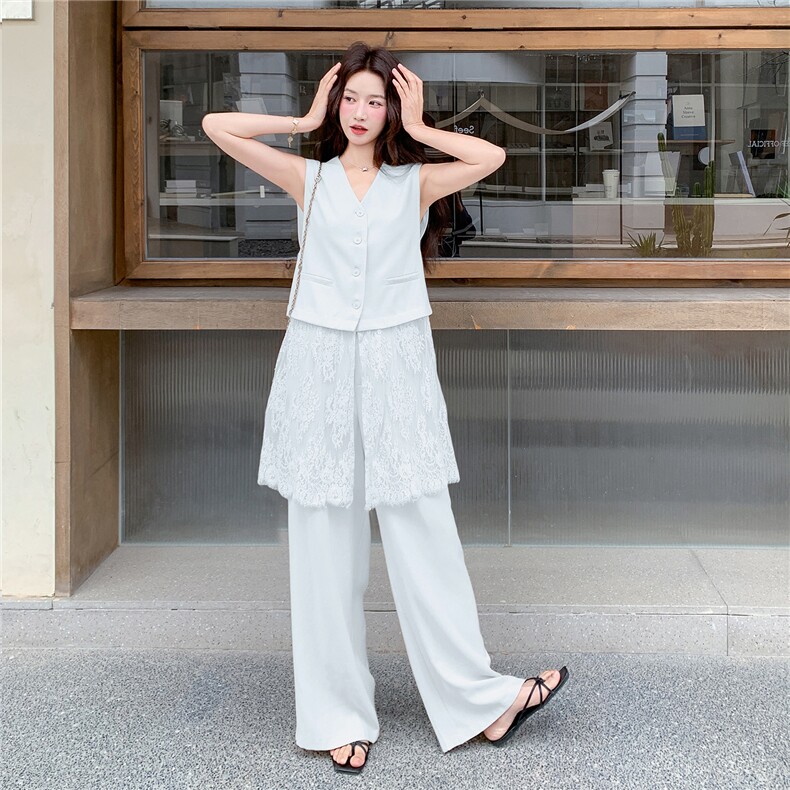 轻熟风气质套装女2026夏季拼蕾丝西装马甲显瘦阔腿裤两件套,女装套装/套裙,流量+