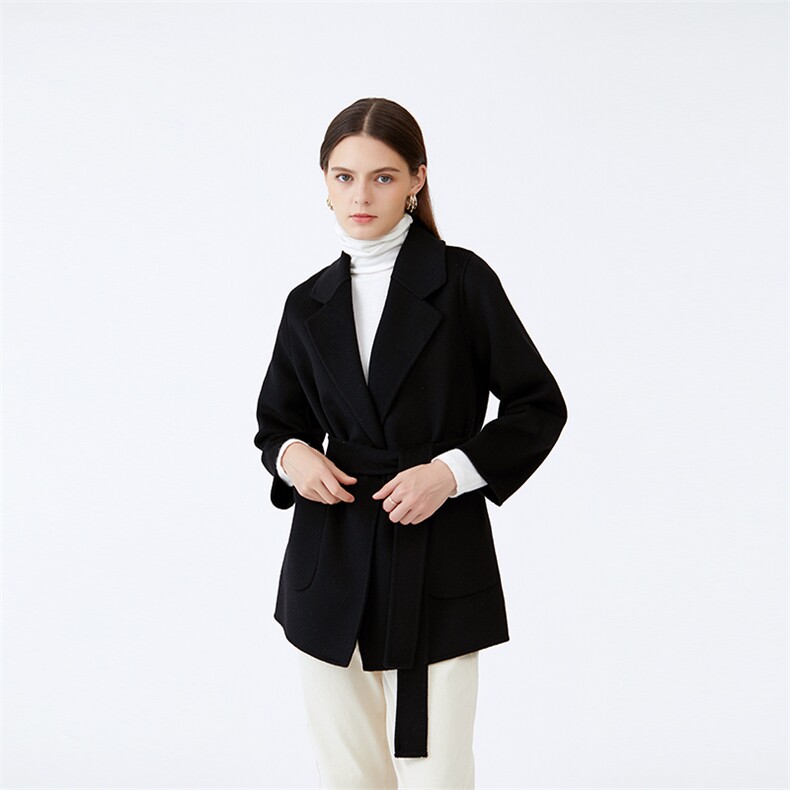 2024年冬季西装领长袖纯色时尚小个子系带羊毛外套，女装毛呢外套，高哲羊绒