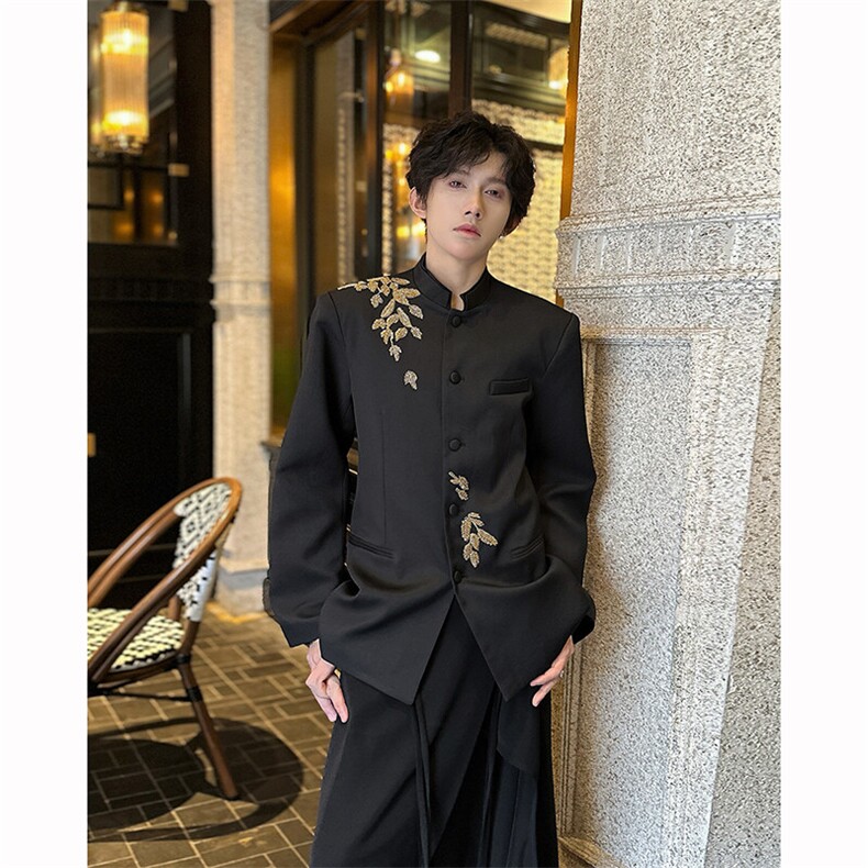 现货！25重工珠片刺绣男士金叶片礼服设计款新中式西服XZ125-P178,男装西服,电商B288