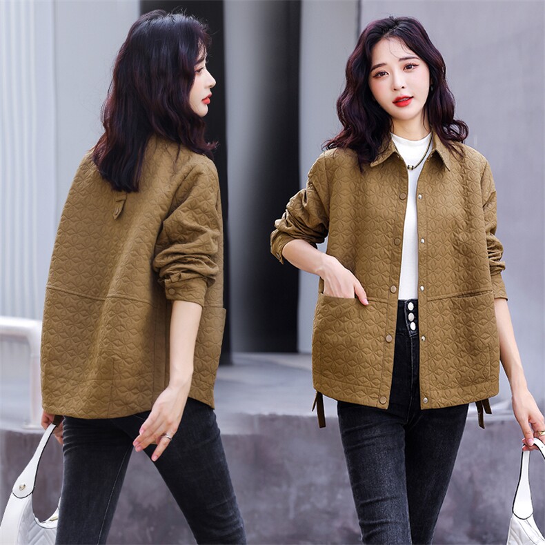 休闲夹棉开衫外套女2023春秋新款宽松显瘦洋气小个子短款夹克上衣，女装短外套，素月