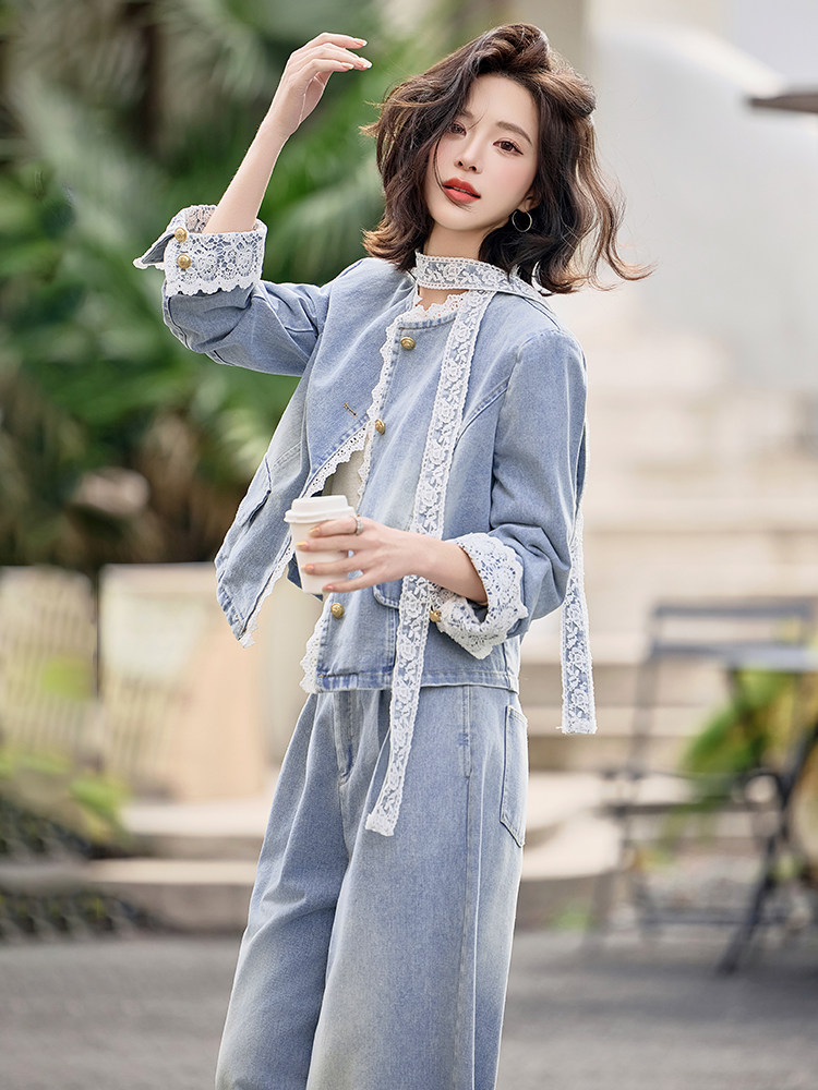 牛仔套装女春装2025新款超火开春穿搭小个子阔腿裤两件套洋气时尚,女装套装/套裙,天丝秀