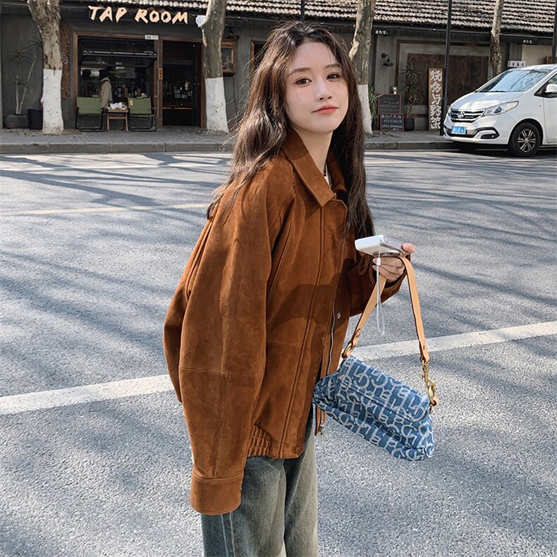 【现货主推】翻领飞行皮夹克高品质皮衣外套2C372-9006-P145控198,女装短外套,2C372