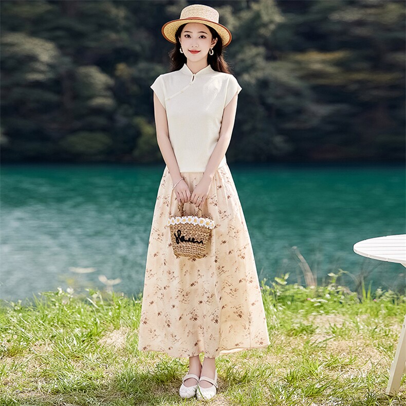 法式雪纺绿色碎花半身裙女2025夏季新款显瘦宽松高腰薄裙子,女装套装/套裙,魅丽静蓝