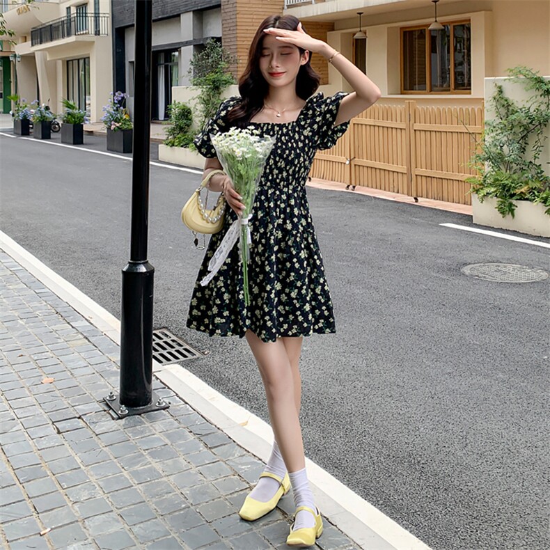夏季新款方领碎花连衣裙短款B190-82376-P100-K148,女装连衣裙,一九零