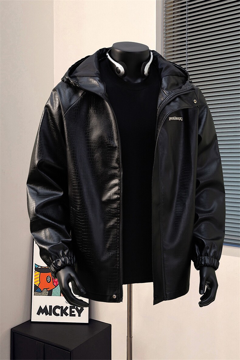 港风模特连帽鳄鱼纹PU皮衣大码M-5XL冲锋衣夹克男JK8744P90控128,男装夹克,星座227-7