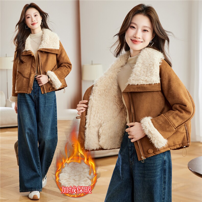 2025冬装新款简约时尚皮毛一体外套，女装毛呢外套，依倍林