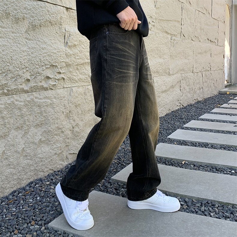 B230档2025秋冬新款复古做旧泥黄宽松直筒男士牛仔长裤9137P90,男装休闲裤,电商B230