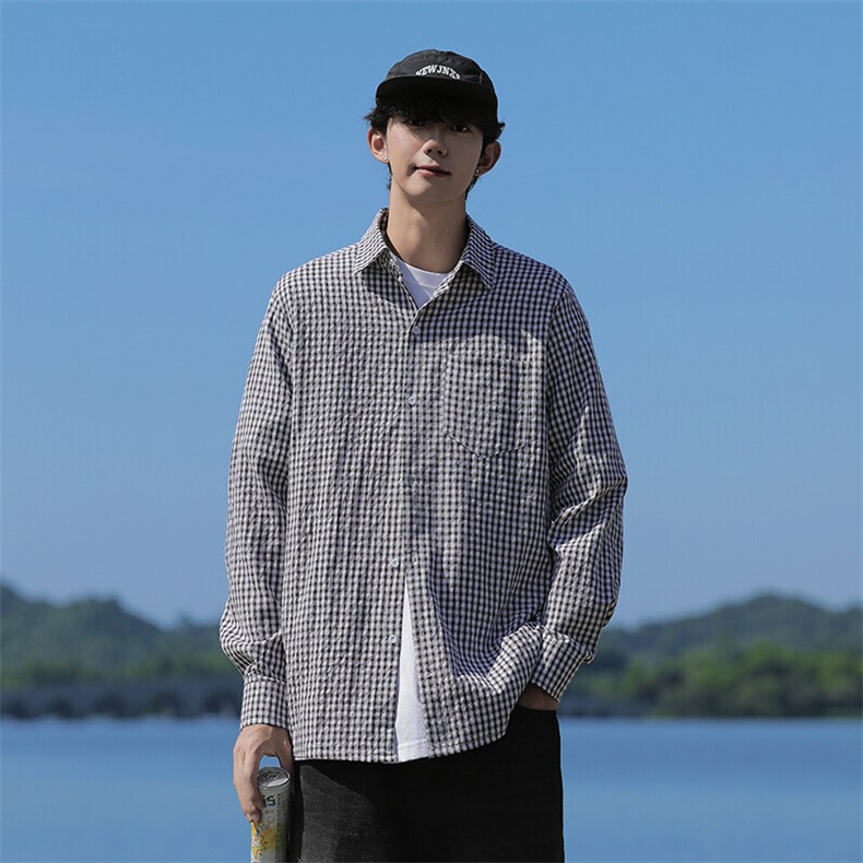 春装小格子长袖衬衫男宽松休闲大码衬衣C507P35,男装衬衫,电商C323