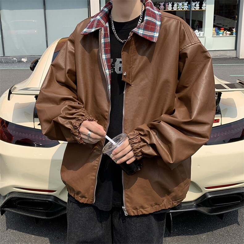 秋款男皮衣夹克两面穿条纹拼色十字架拉链皮外套JK9285P80,男装夹克,星座1013-1