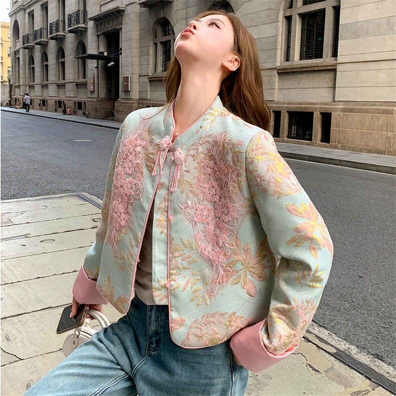 现货！2706A新中式蕾丝拼接短款提花羽绒外套女，女装羽绒服，衣秀之家