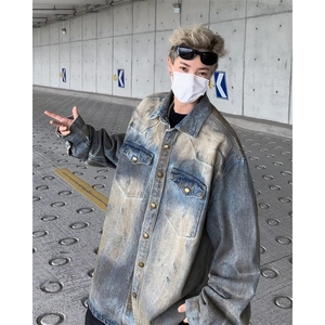 复古蓝牛仔衬衫外套男废土风重磅外套做旧宽松休闲长袖春秋季衬衣图片