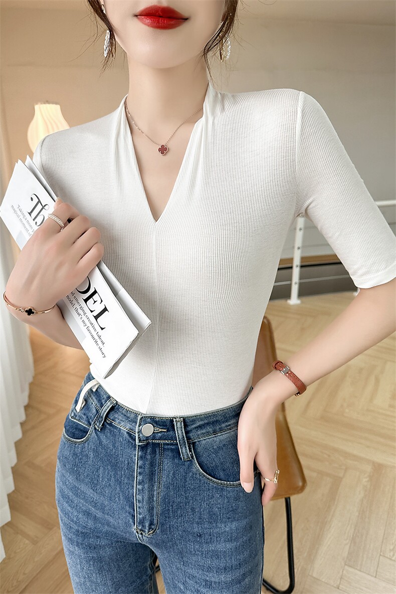 新款v领短袖t恤女夏薄款修身内搭半袖针织衫,女装T恤,温伦斯特羊绒