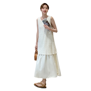 时尚假两件无袖连衣裙女洋气2025夏新款高级感百搭温柔背心裙图片