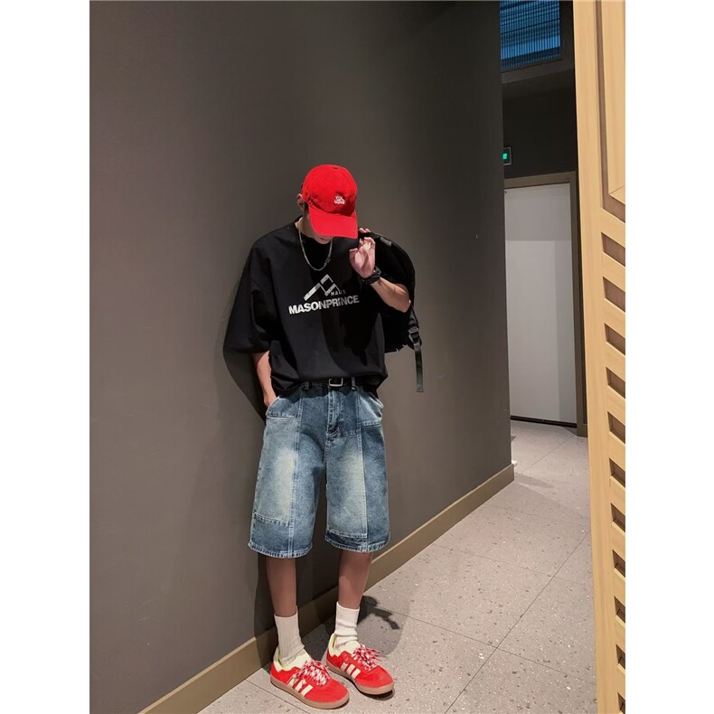 美式复古蓝做旧五分牛仔裤男女夏季不规则拼接牛仔短裤P43,男装牛仔裤,星座1116-2