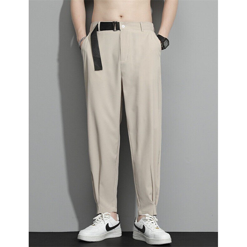 男束脚魔术贴哈伦裤宽松冰丝休闲九分裤夏季垂感小西裤 B5图片