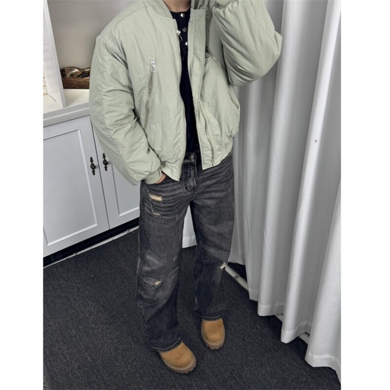 （现货）自制款bomber豆绿色大拉链口袋男女棉服立领棉衣，男装棉衣，星座807