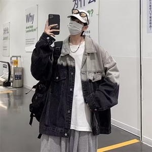 渐变色牛仔外套男2023春秋宽松韩版美式复古港风夹克上衣JK98 P55图片