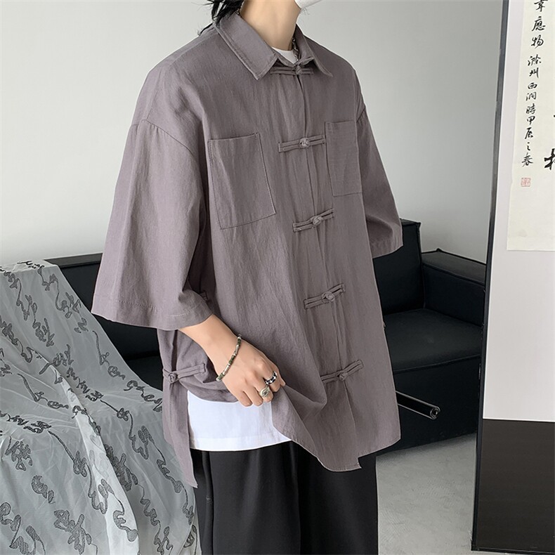 CS7122-P45特控78大码凉爽新中式侧面开衩盘扣复古衬衫外套,男装衬衫,电商D232