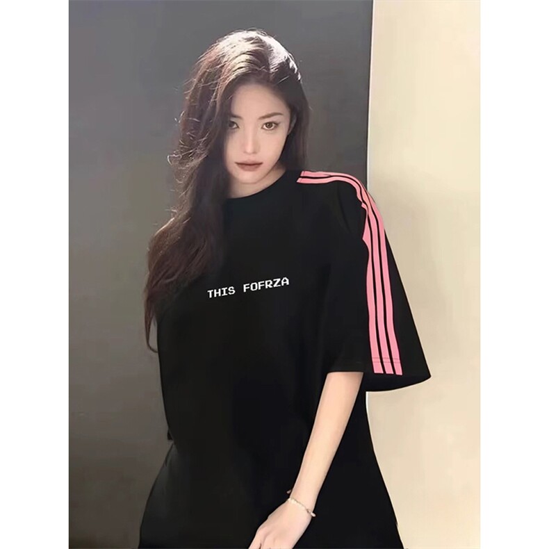 抖音得物品质二开240克宽松纯棉美式潮牌印花三条杠中性风短袖T恤,男装T恤,电商A486