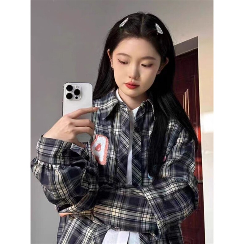 美式复古长袖格子衬衫外套女春秋幂式穿搭设计感小众刺绣防晒衬衣,男装防晒衣,星座506A