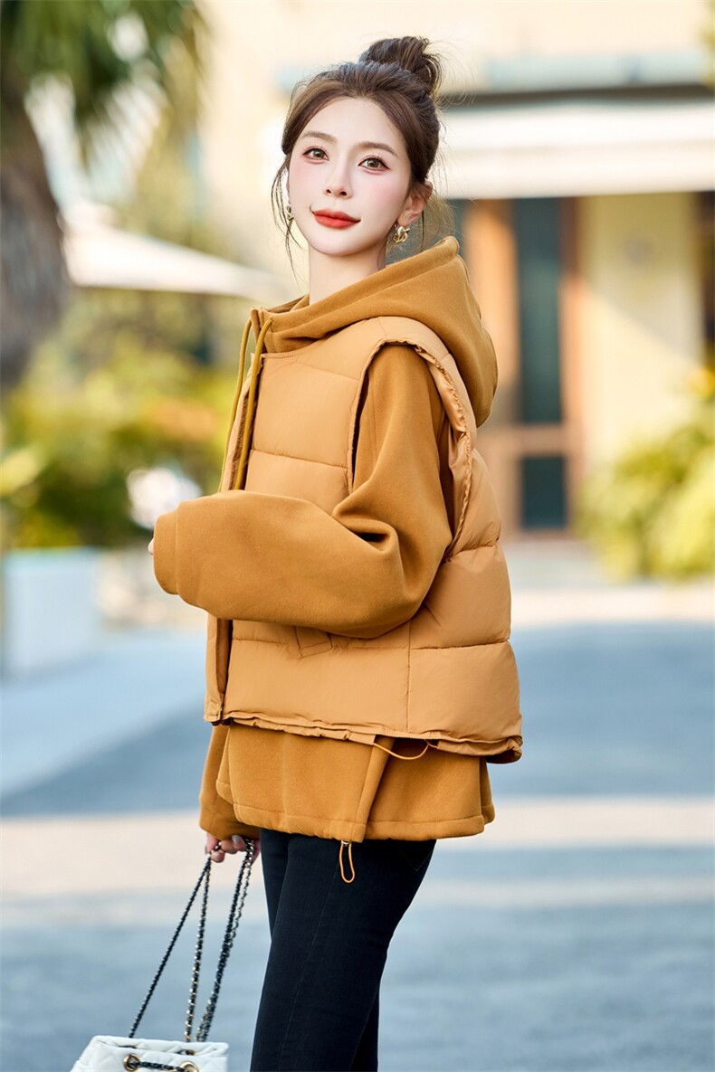 桔色叠穿超好看羽绒马甲女2024冬新款加绒保暖连帽卫衣,女装羽绒服,意芙